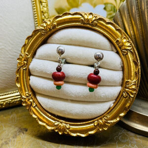 Vintage 1970s Wood Beaded Earrings Clip On Multicolor‎ Silver Toned Retro Groovy